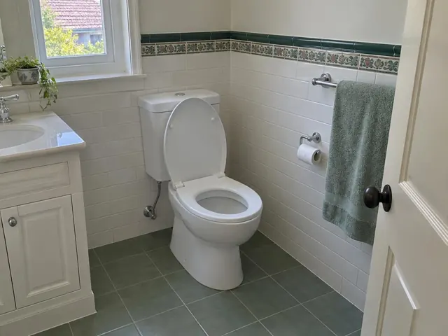 Clean toilet in a tiled bathroom with vanity, window, towel rail and green floor tiles in Vaucluse